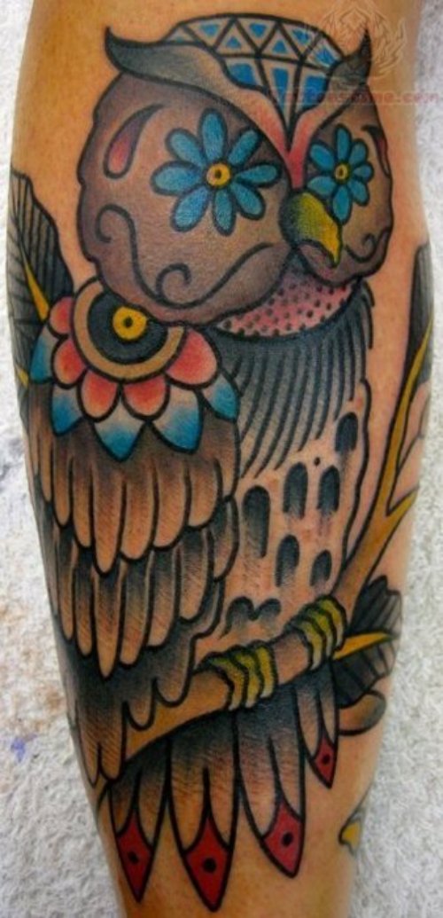 Blue Flower Eyes Owl Tattoo