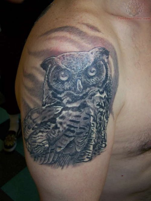 Black Owl Tattoo On Shoulder