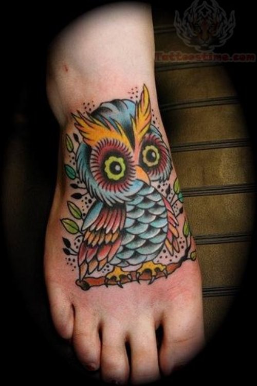 Color Owl Tattoo On Foot