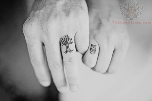 Tree And Owl Tattoo On Fingers