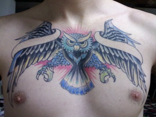Owl Flying Tattoo on Men Chest