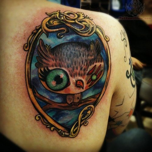 Owl Color Tattoo on Back Shoulder