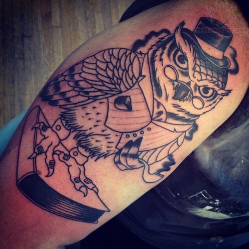 Hat Owl Sitting On Book Tattoo on Bicep