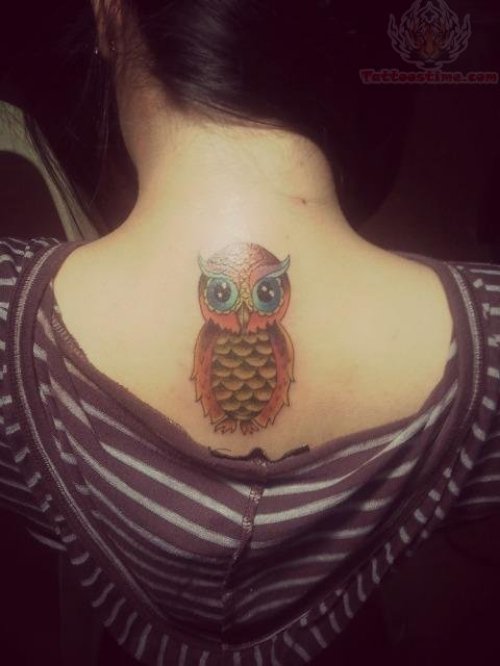 Color Owl Tattoo On Girl Upperback