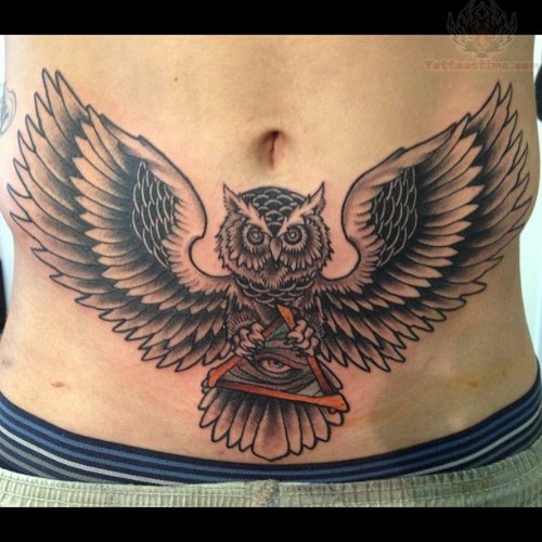 Large Owl Tattoo On Belly