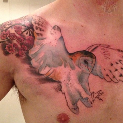 Owl Landing On Chest Tattoo