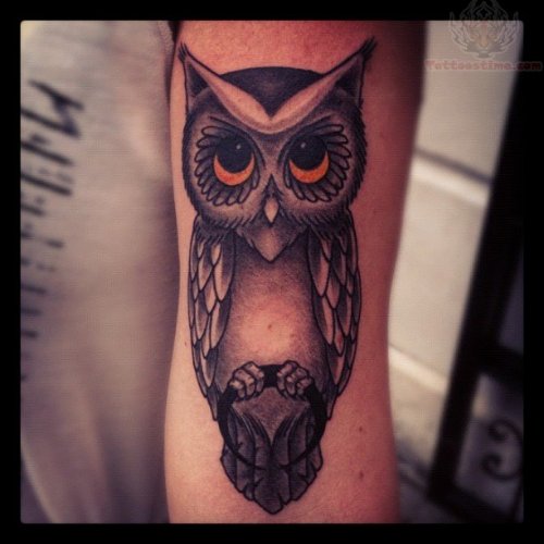 Owl On Ring Tattoo On Bicep