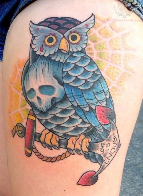 Blue Owl Sitting On Anchor Tattoo