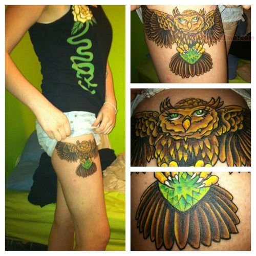 Colored Owl Tattoo On Girl Thigh