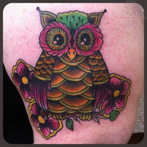 Colored Owl Tattoo On Thigh