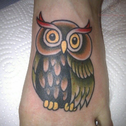 Colored Owl Tattoo On Left Foot