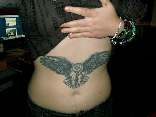 Flying Owl Tattoo On Stomach