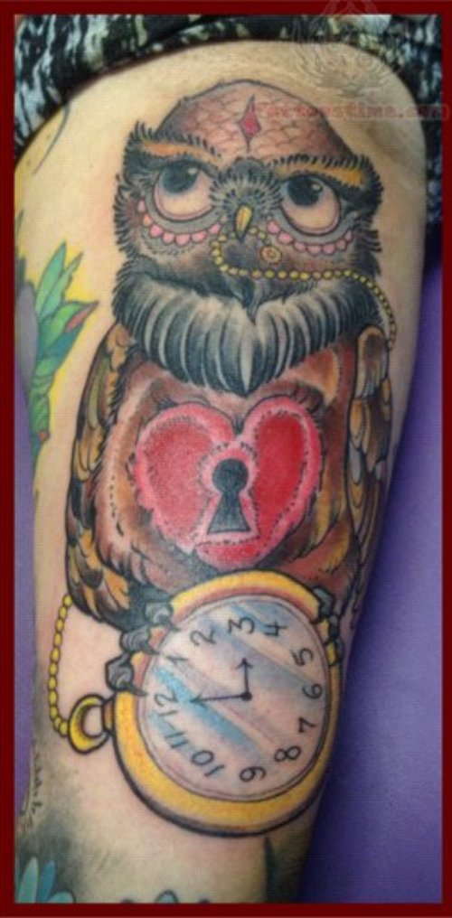 Owl And Clock Tattoo On Leg