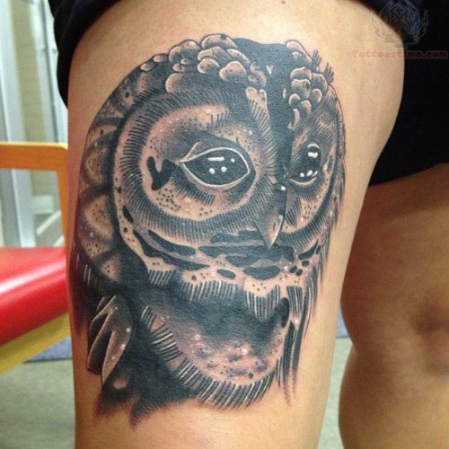 Owl Head Tattoo On Thigh