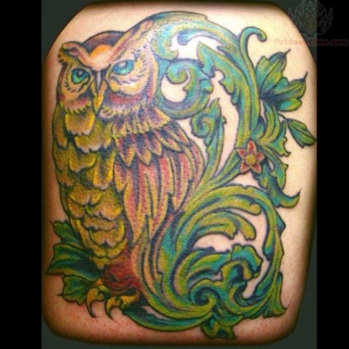 Green Leaves and Owl Tattoo
