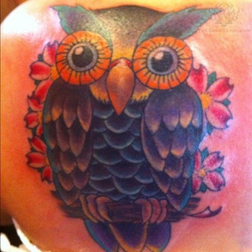 Back Shoulder Large Eyes Owl Tattoo