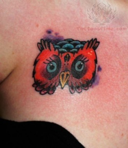 Red Owl Head Tattoo on Girl Chest