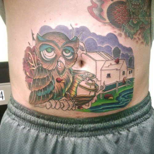 Owl Color Ink Tattoo On Belly