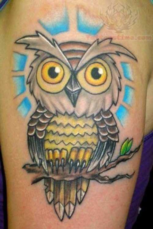 Yellow Eyes Owl Tattoo On Biceps