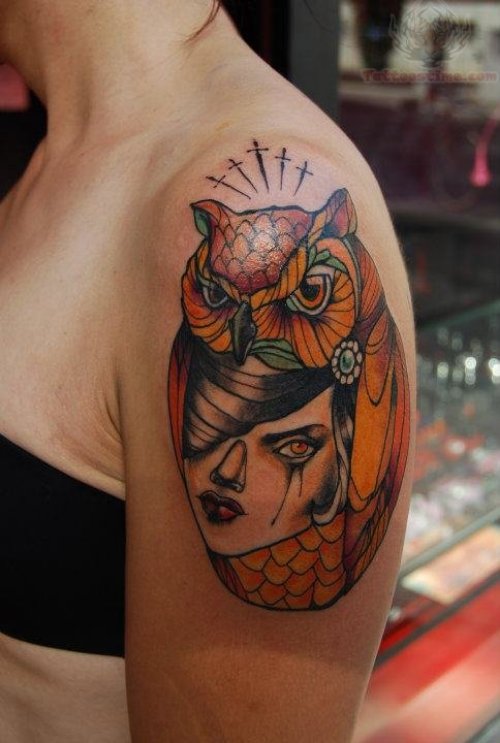 Owl Girl Head Tattoo On Girl Bicep