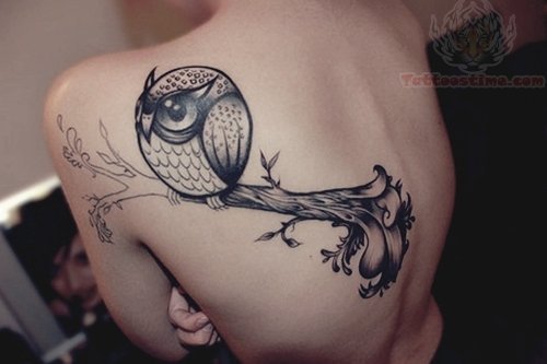 Owl Sitting on Tree Tattoo On Girl Back