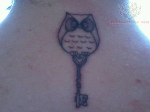 Key And Owl Tattoo On Back