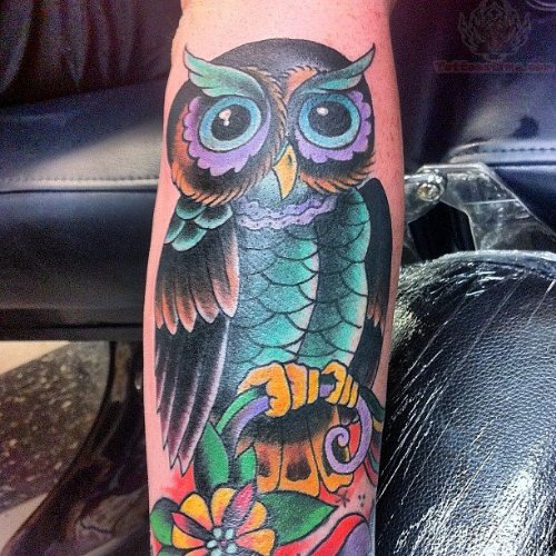 Owl With Flower Basket Tattoo