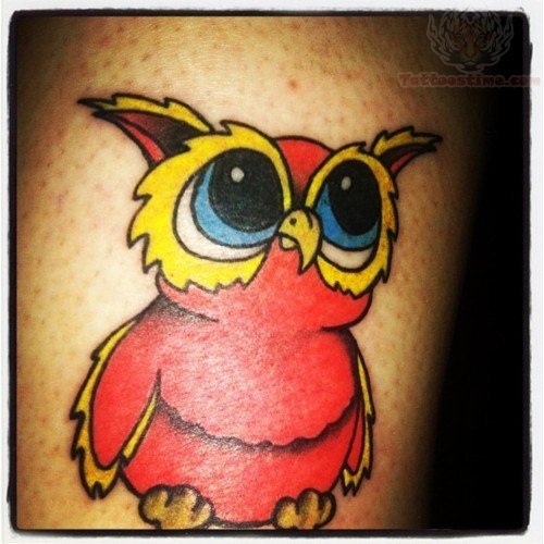 Red And Yellow Ink Small Owl Tattoo