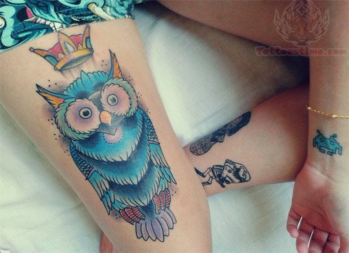 Blue Owl Tattoo On Thigh