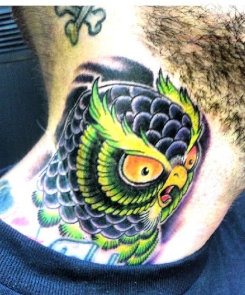 Green Owl Head Tattoo On Neck