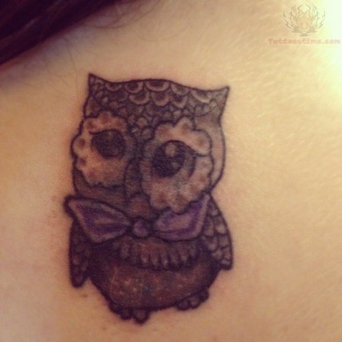 Owl With Purple Bow Tattoo