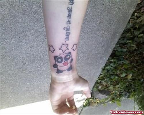 Lettering And Panda Tattoo On Wrist