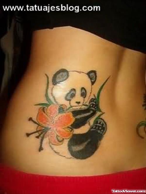 Flower And Panda Tattoo On Back
