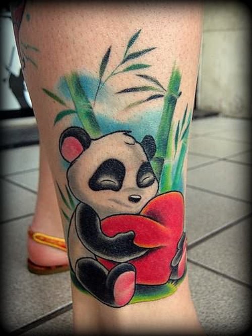 Cute Panda Bear With Heart Tattoo On Right Leg