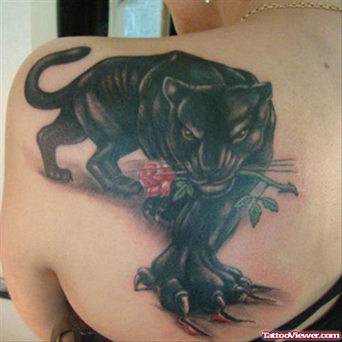 Rose Flower And Panther Tattoo On Left Back Shoulder