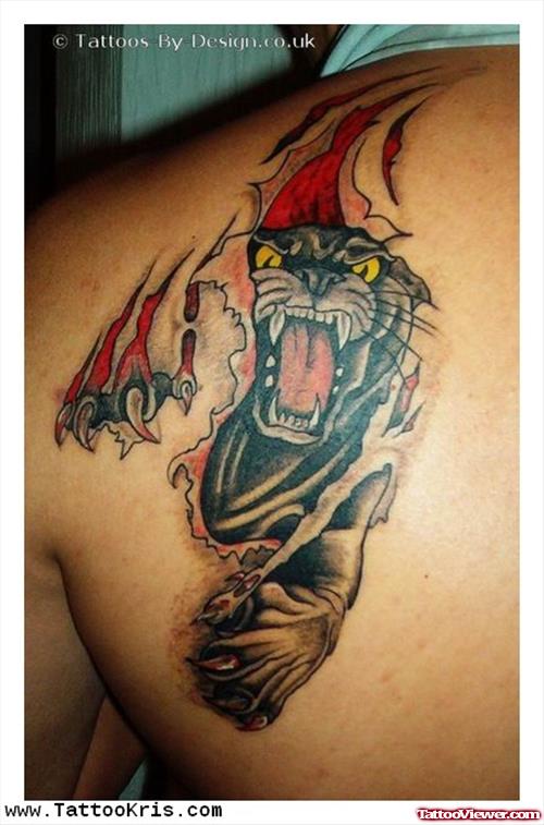 Ripped Skin Panther Tattoo On Left Back Shoulder