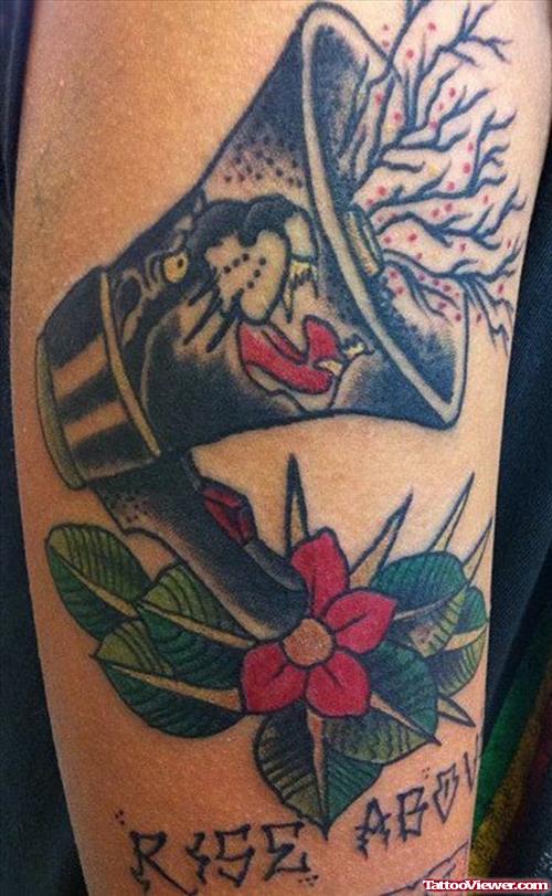 Red Flower And Panther Tattoo On Half Sleeve