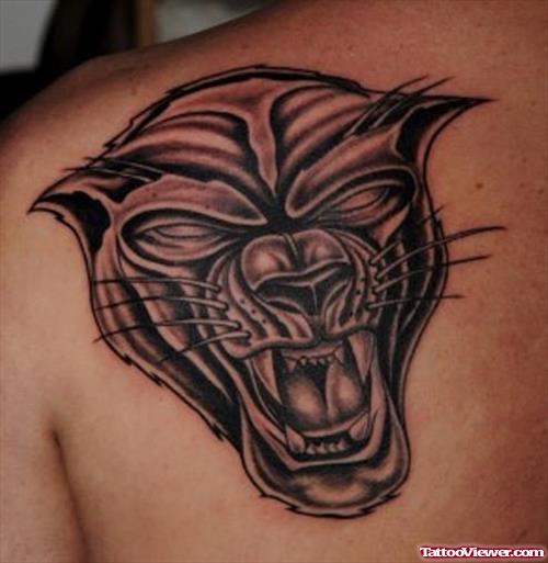 Beautiful Black Panther Head Tattoo On Left Back Shoulder