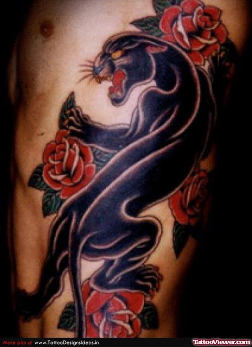 Amazing Red Flowers and Black Panther Tattoo On Side