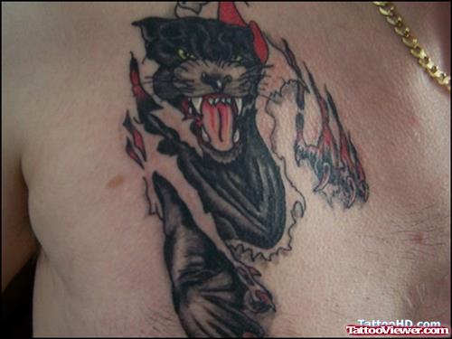 Ripped SKin Panther Tattoo On Man Chest