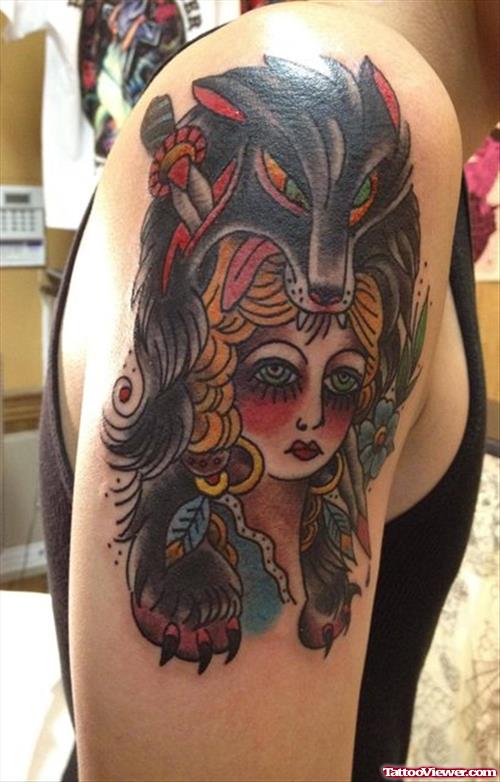 Panther Girl Tattoo On Right Half Sleeve