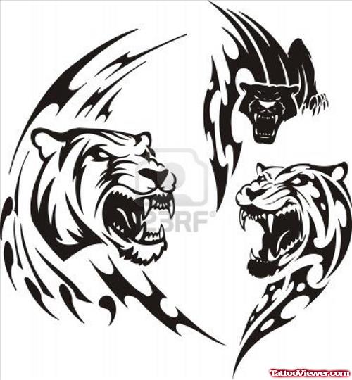 Black Tribal Angry Panther Head Tattoos Designs