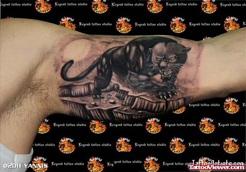 Black Ink Panther Tattoo On Inner Biceps