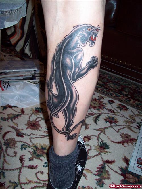 Black Climbing Panther Tattoo On Right Leg