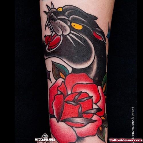 Red Rose and Panther Head Tattoo On Sleeve