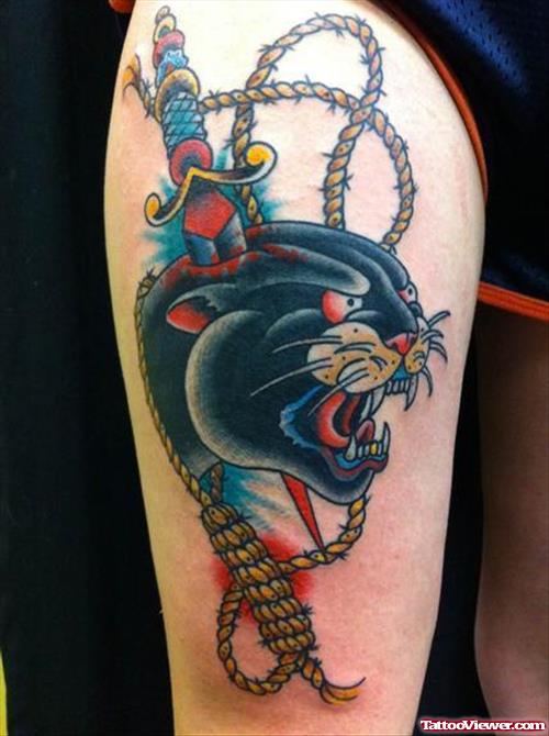 Dagger and Panther Head Tattoo On Right Thigh