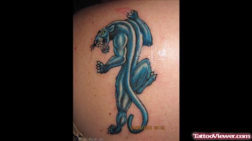 Blue Ink Panther Tattoo On Left Back Shoulder