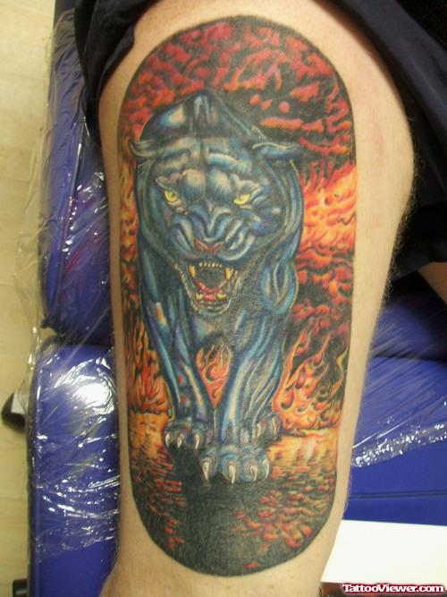 Colored Panther Tattoo On Right Thigh