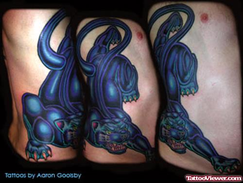 Blue Panther Tattoo On Man Rib Side
