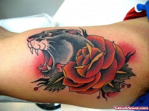 Awesome Red Rose And Panther Head Tattoo On Muscles